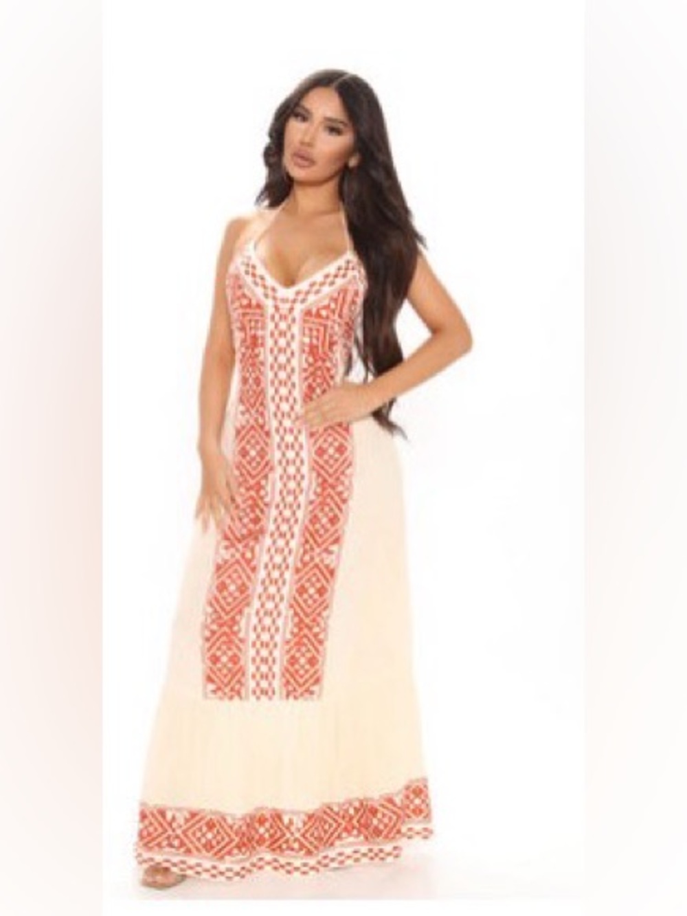 Fashion Nova Cream Maxi Dress with Coral Embroidered Panels